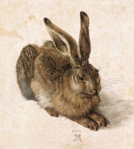 A detailed etching of a lifelike hare.