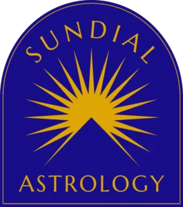 The shadow path of a sundial appears in an arched dark blue crest with the words Sundial Astrology around it in a warm gold.